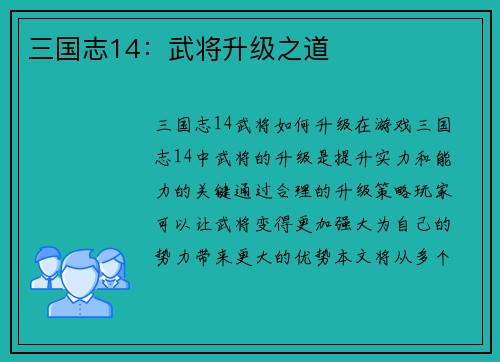 三国志14：武将升级之道